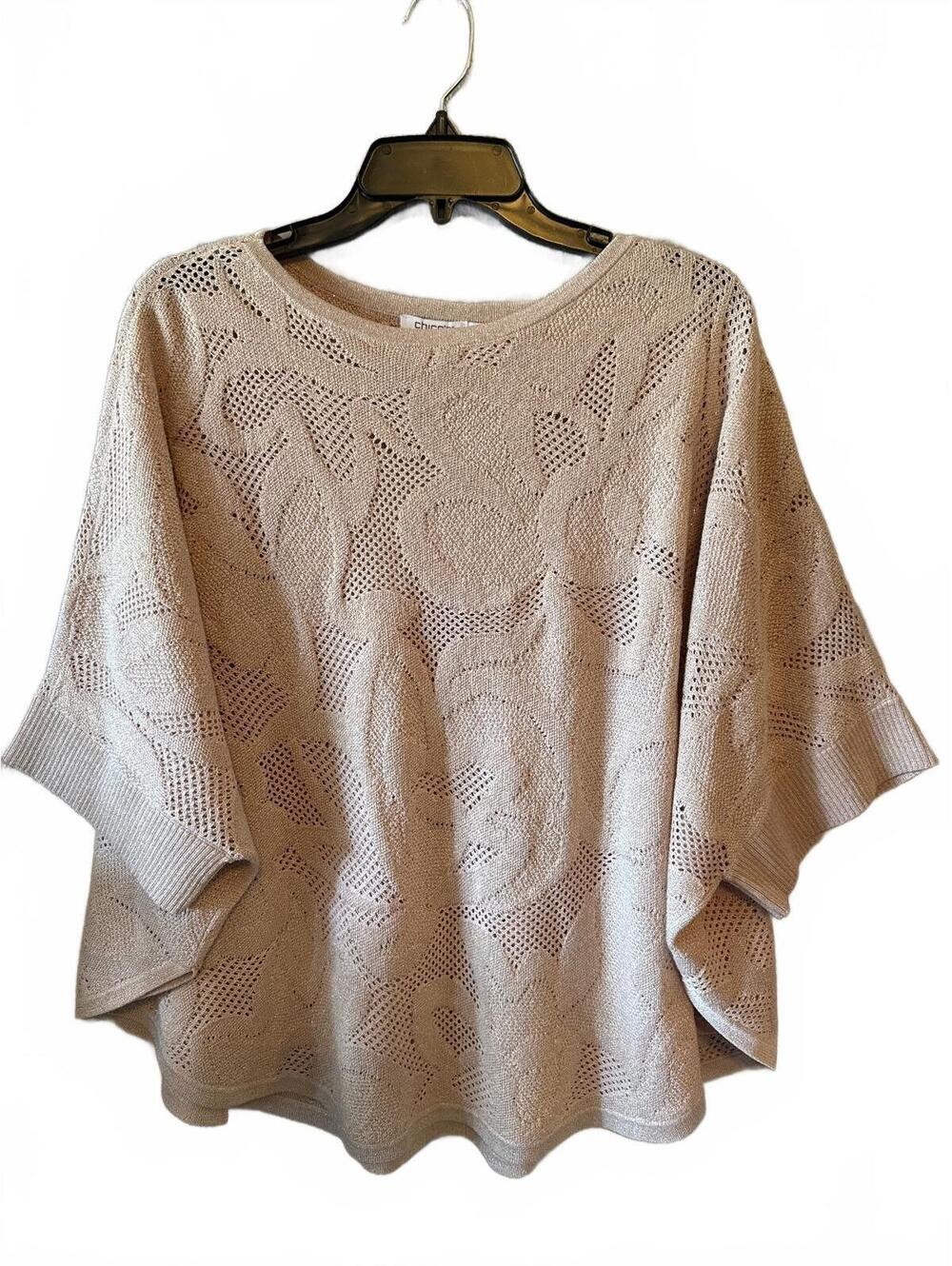 Chico's Rose Floral Open Knit Sparkle Poncho Sweater One Size